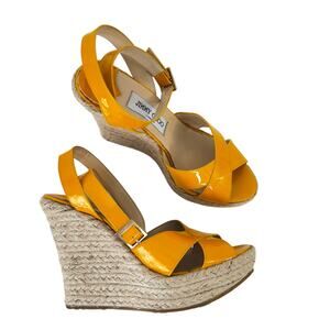 Jimmy Choo Patent Leather Espadrille Wedge Heels Sandals Yellow 40 US 10